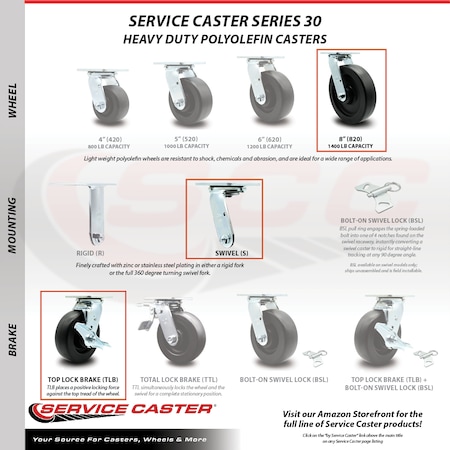 Service Caster 8 Inch SS Polyolefin Caster Set with Roller Bearings 2 Brakes 2 Rigid SCC SCC-SS30S820-POR-TLB-2-R-2